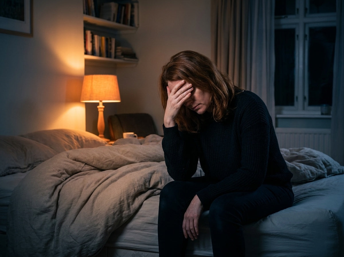 A woman in her late 40s sitting on the edge of the bed, drained and wired at night