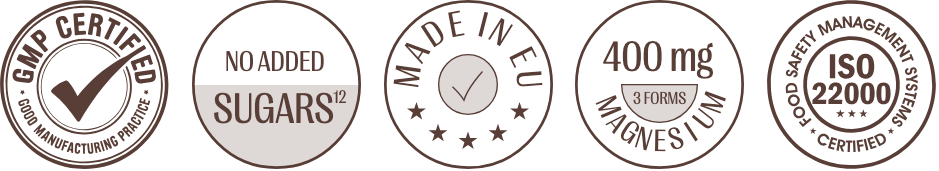 GMP certified, no added sugars, made in EU, 400 mg magnesium in 3 forms, ISO 22000