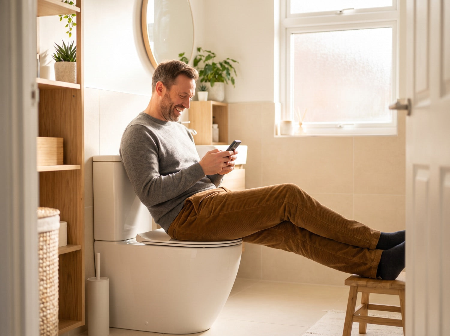 Happy, relaxed man feeling relieved and regular in a bright bathroom