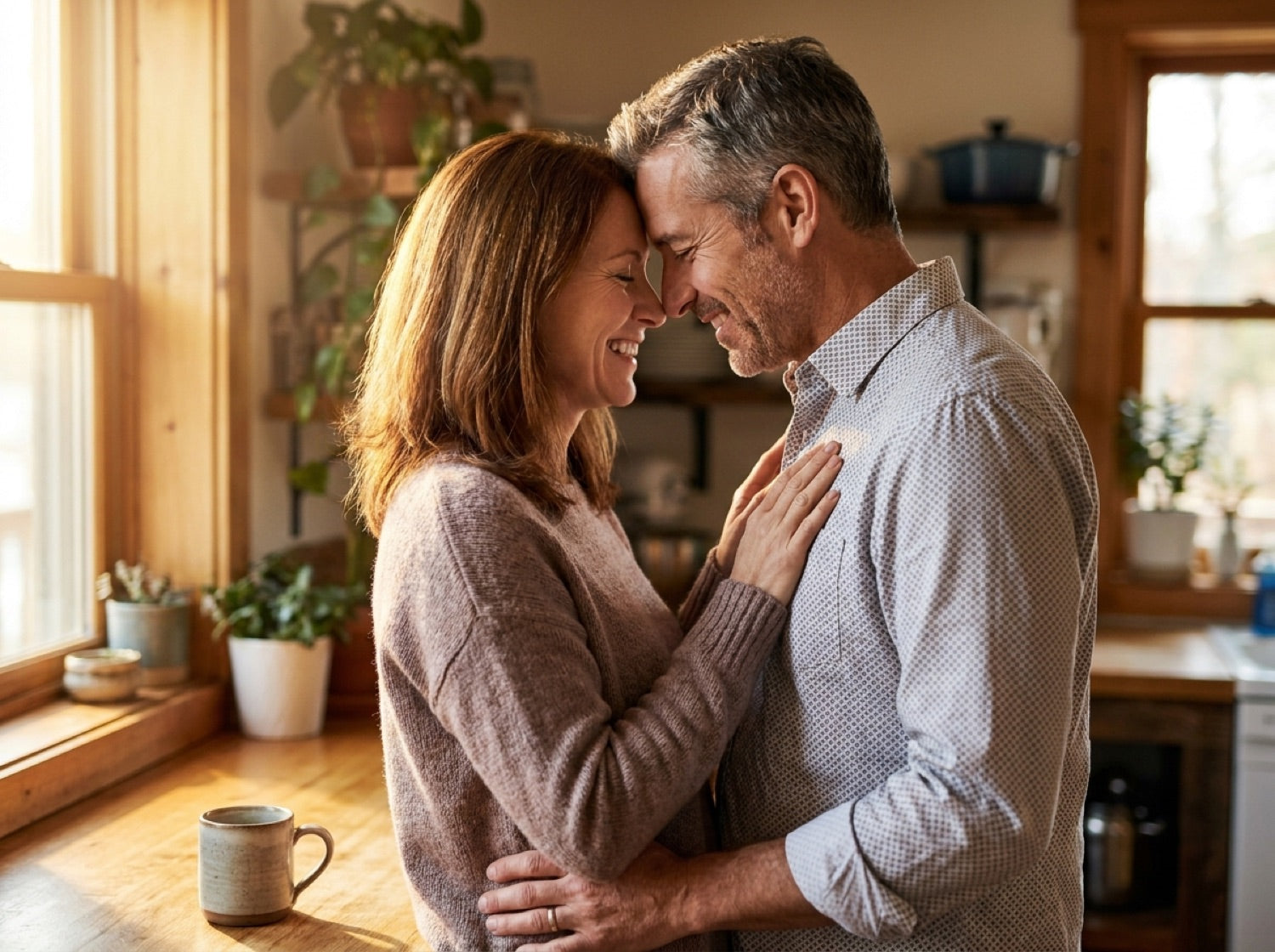 A couple reconnecting, relaxed and close