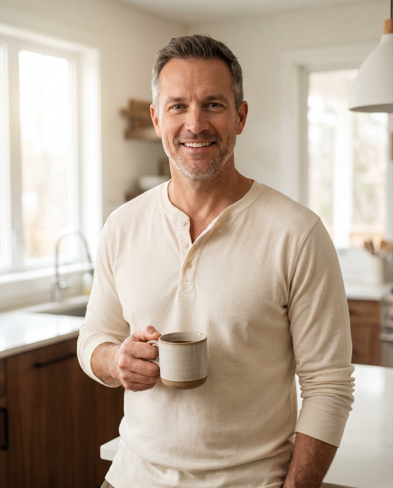 A relaxed man in his late 40s with his morning cup of Coffee 2.0