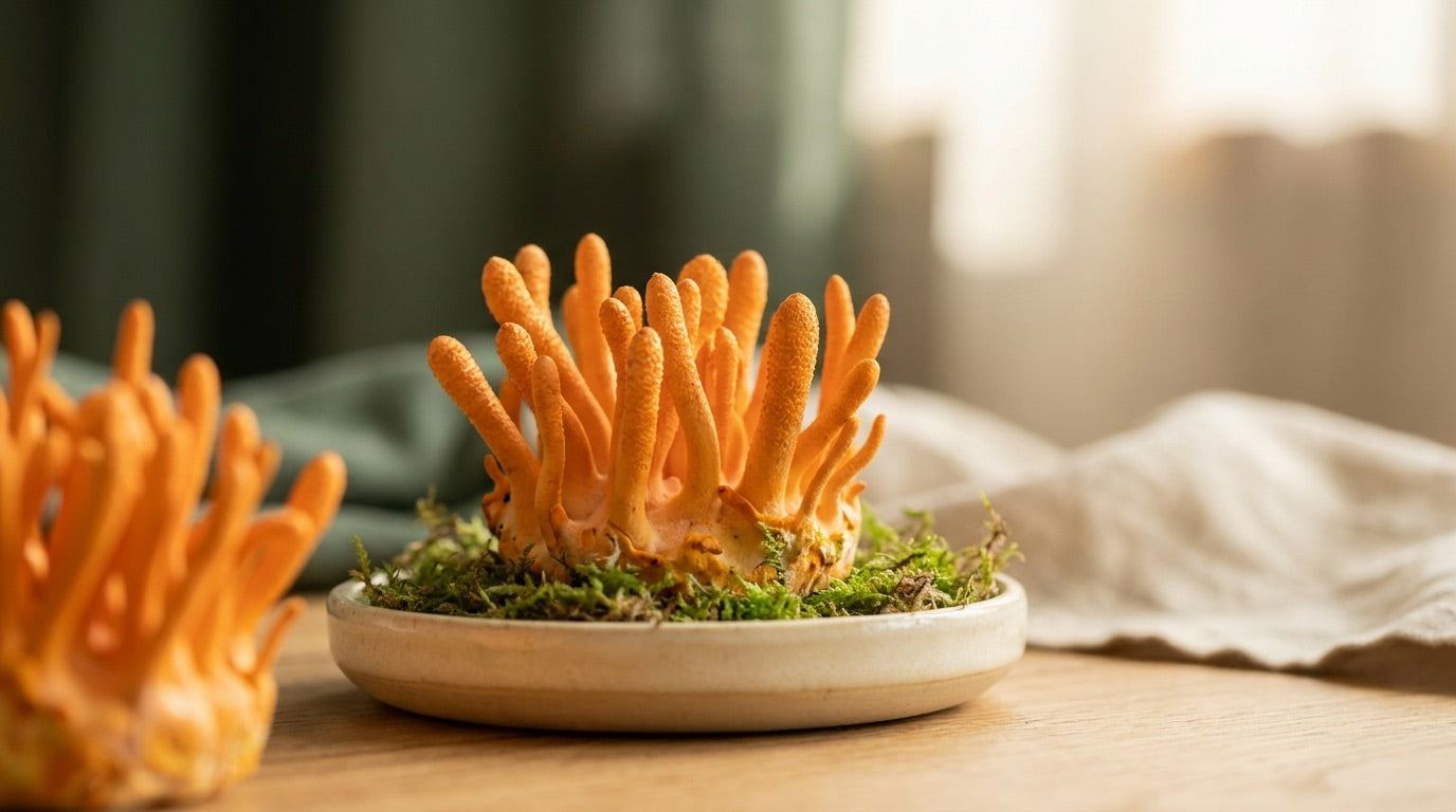 Leuchtend orangefarbene Cordyceps-Pilze