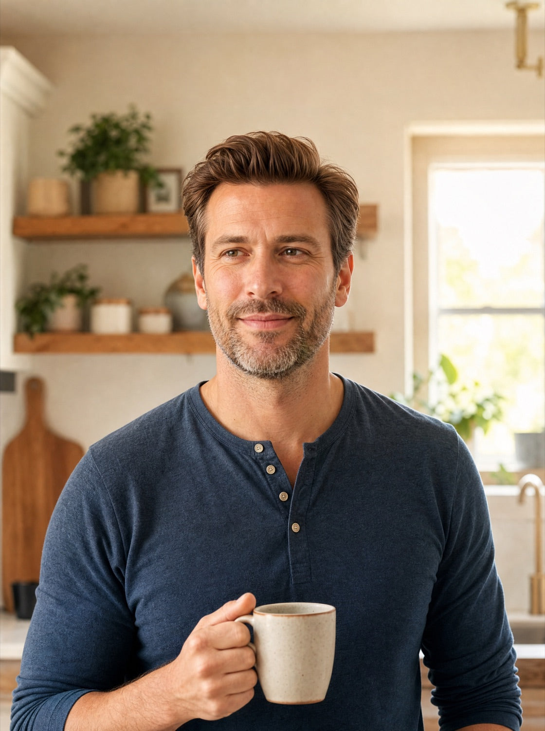 A confident man with a full head of hair enjoying his morning Coffee 2.0