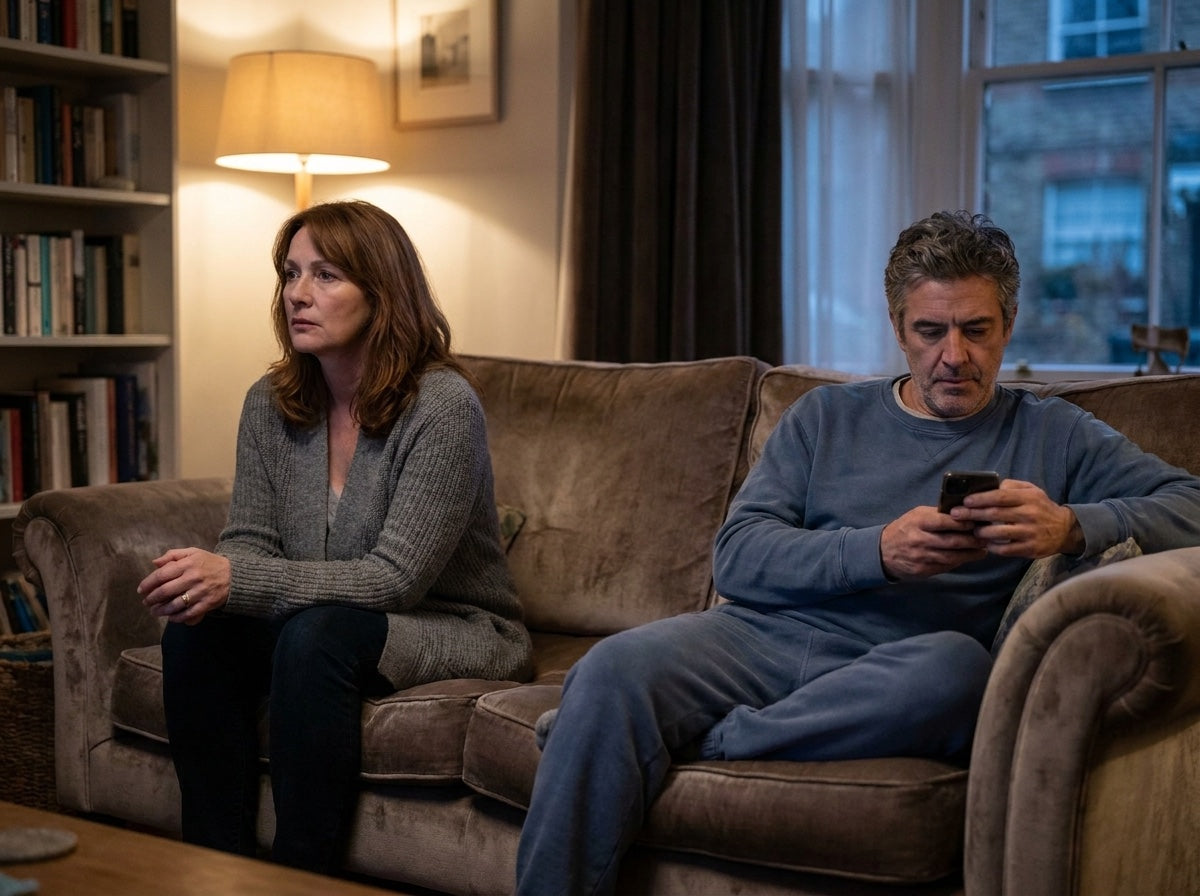 A married couple in their late 40s sitting a little apart in the evening