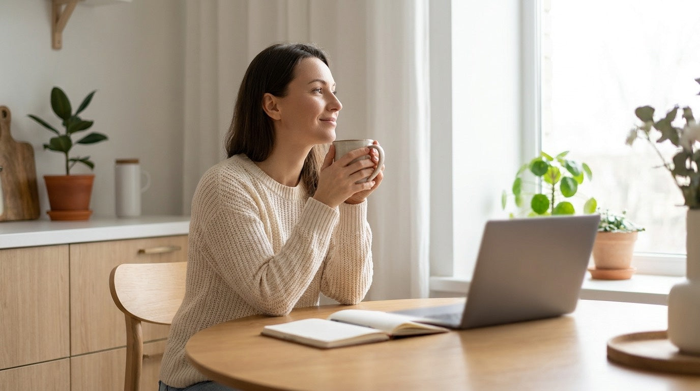 Eine Person mit einem ruhigen, konzentrierten Morgen und einer Tasse Kaffee