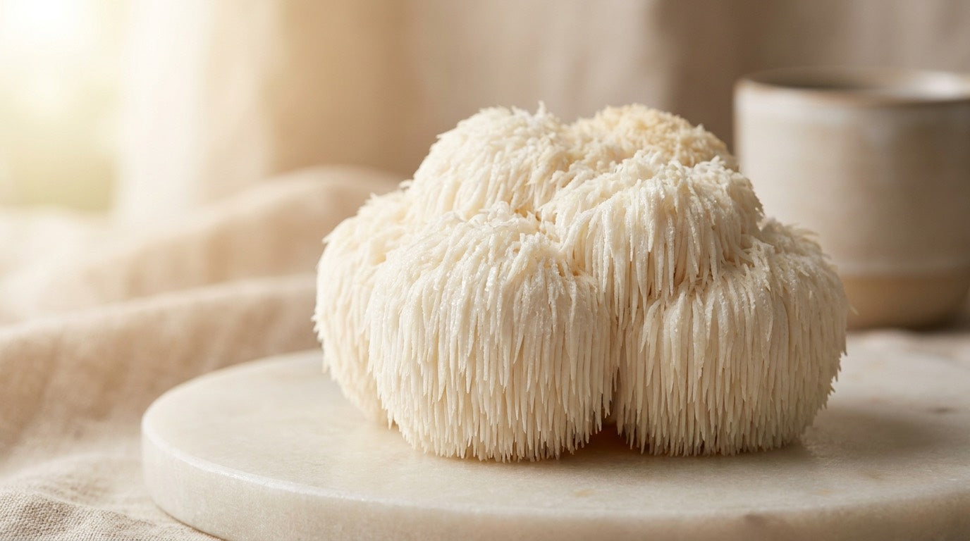 Frischer weißer Lion’s-Mane-Pilz mit weichen weißen Stacheln
