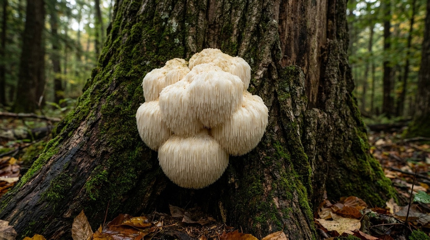 Wilder Lion’s-Mane-Pilz, der an einem Baum im Wald wächst